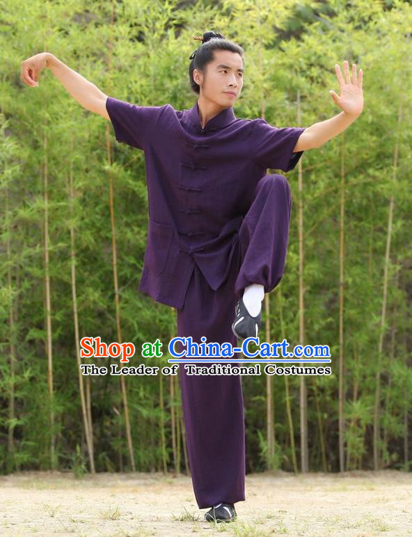 Traditional Chinese Wudang Uniform Taoist Uniform Priest Frock Complete Set Linen Kungfu Kung Fu Short Sleeve Clothing Clothes Pants Slant Opening Shirt Supplies Wu Gong Outfits, Chinese Tang Suit Wushu Clothing Tai Chi Suits Uniforms for Men