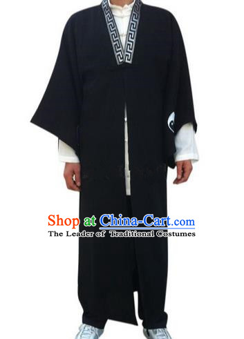 Traditional Chinese Yin Yang Wudang Mountain Taoist Clothes Linen Priest Frock Complete Set Kungfu Kung Fu Long Robe Clothing Slant Opening Shirt Supplies Wu Gong Outfits, Chinese Tang Suit Wushu Clothing Tai Chi Suits Uniforms for Men