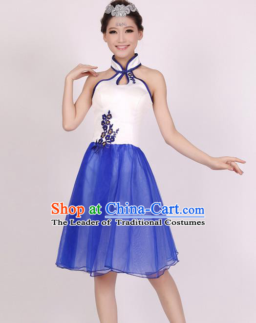 Traditional Chinese Classical Blue and White Porcelain Modern Dance Cheongsam Dress, Yangge Fan Dancing Costume Chorus Suits, Folk Dance Yangko Costume for Women