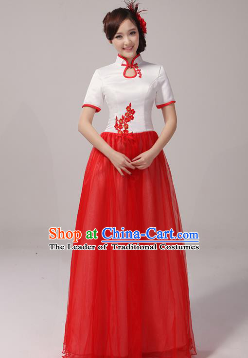 Traditional Chinese Classical Blue and White Porcelain Modern Dance Cheongsam Dress, Yangge Fan Dancing Costume Chorus Suits, Folk Dance Yangko Costume for Women