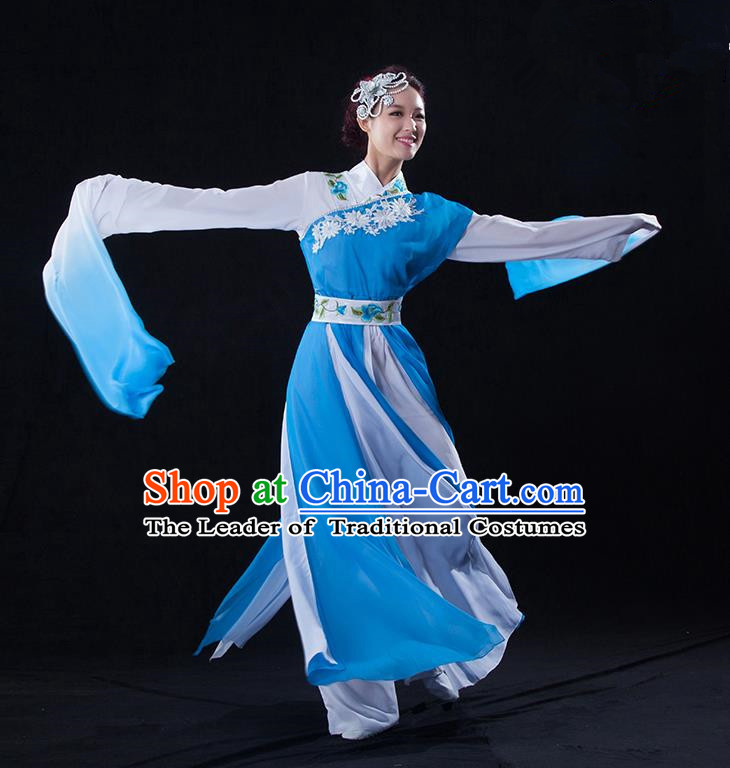 Traditional Chinese Classical Twirls Dance Dress, Long Water-Sleeve Dancing Costume Umbrella Dance Suits, Folk Dance Yangko Costume for Women