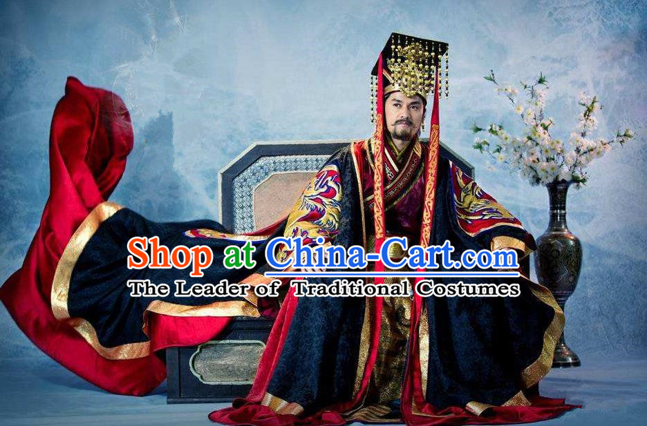 Traditional Chinese Ancient Dragon Emperor Men King Costumes, Chinese Emperor Clothes and Hat Complete Set for Men