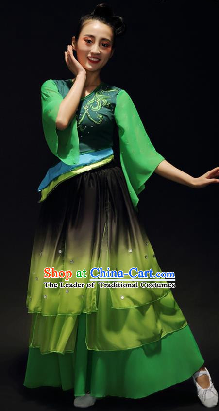 Traditional Chinese Classical Yangko Jasmine Flower Dance Gradient Dress, Yangge Fan Dancing Costume Umbrella Dance Suits, Folk Dance Yangko Costume for Women