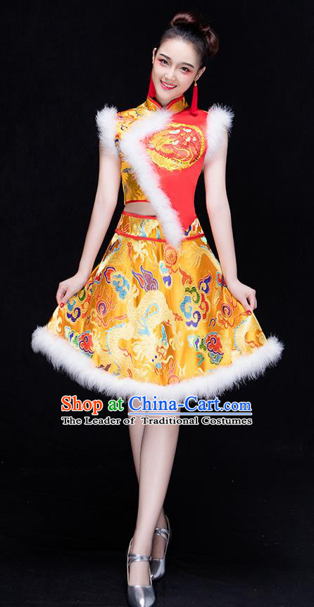 Traditional Chinese Classical Yangko Drum Dance Dress, New Year Yangge Fan Dancing Costume Umbrella Dance Suits, Folk Dance Yangko Costume for Women