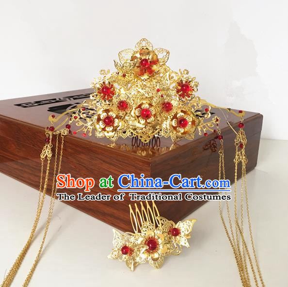 Traditional Chinese Wedding Jewelry Accessories Traditional Xiuhe Suits Wedding Bride Phoenix Headwear Wedding Hairpin Ancient Chinese Tassel Harpins for Women