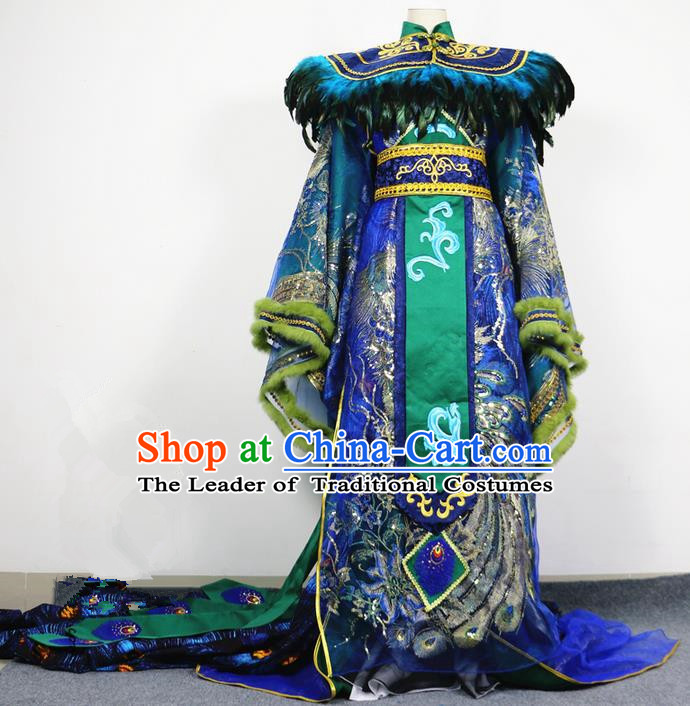 Traditional Chinese Ancient Dragon Emperor Men King Costumes, Chinese Emperor Peacock Clothes Complete Set for Men