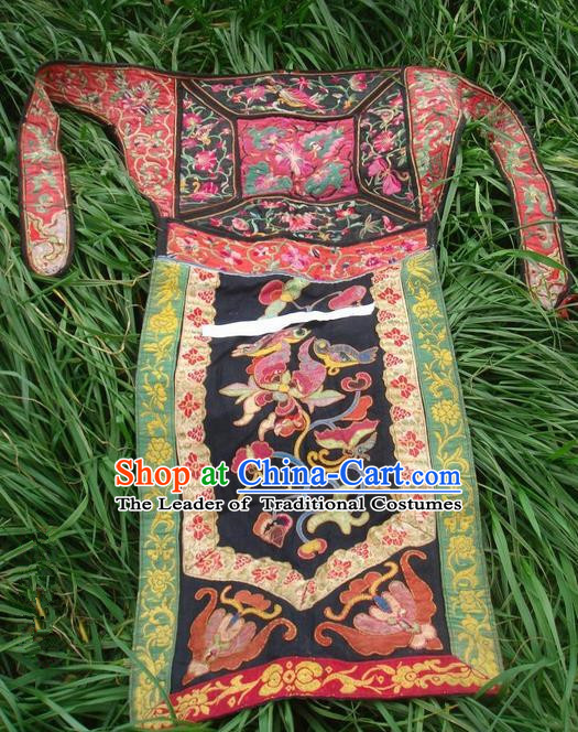 Traditional Chinese Miao Nationality Dancing Costume Apron, Hmong Female Folk Dance Ethnic Pinafore, Chinese Minority Nationality Handmade Embroidery Waist Pack for Women