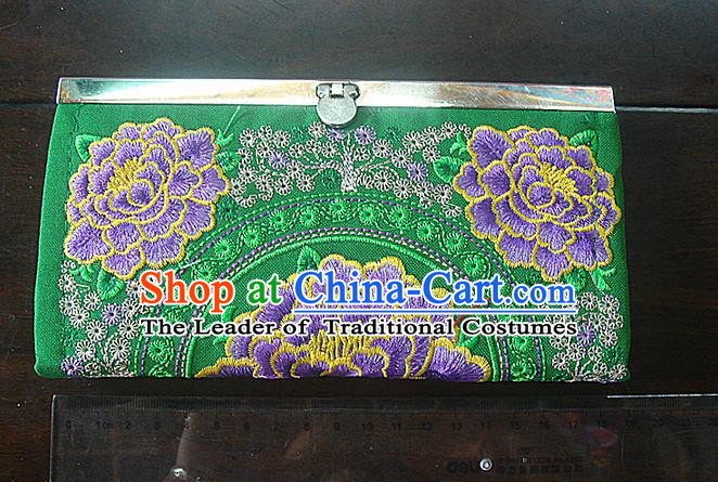 Traditional Chinese Miao Nationality Palace Handmade Double-Sided Embroidery Peony Handbag Wallet Hmong Handmade Embroidery Purse for Women