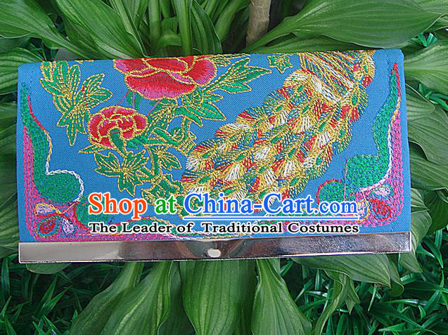 Traditional Chinese Miao Nationality Palace Handmade Double-Sided Embroidery Peacock Handbag Wallet Hmong Handmade Embroidery Purse for Women
