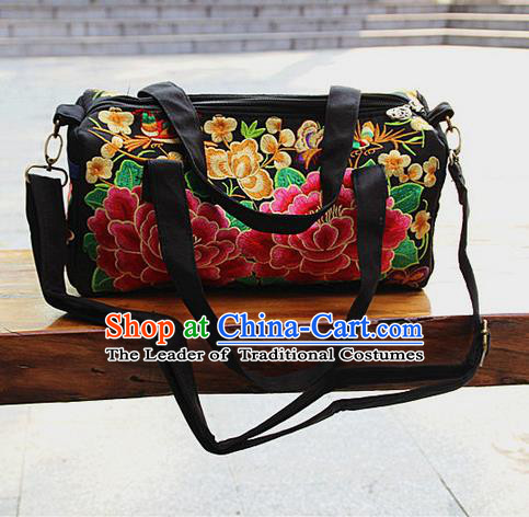 Traditional Chinese Miao Nationality Palace Handmade Four-Sided Embroidery Peony Handbag Hmong Handmade Embroidery Canvas Messenger Bags for Women