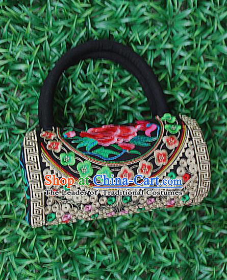 Traditional Chinese Miao Nationality Palace Handmade Four-Sided Embroidery Peony Handbag Hmong Handmade Embroidery Canvas Bags for Women