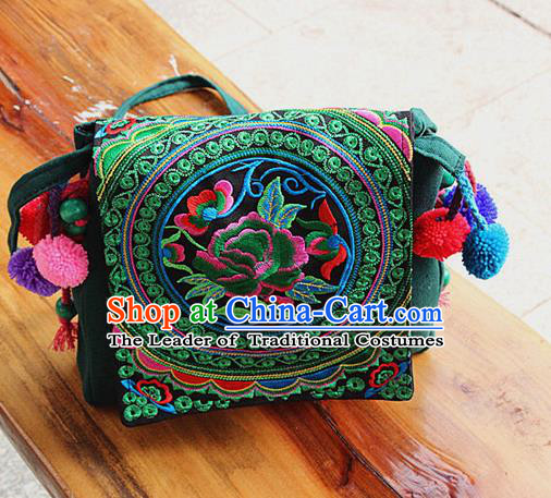 Traditional Chinese Miao Nationality Palace Handmade Single-Sided Embroidery Peony Handbag Hmong Handmade Embroidery Canvas Messenger Bags for Women