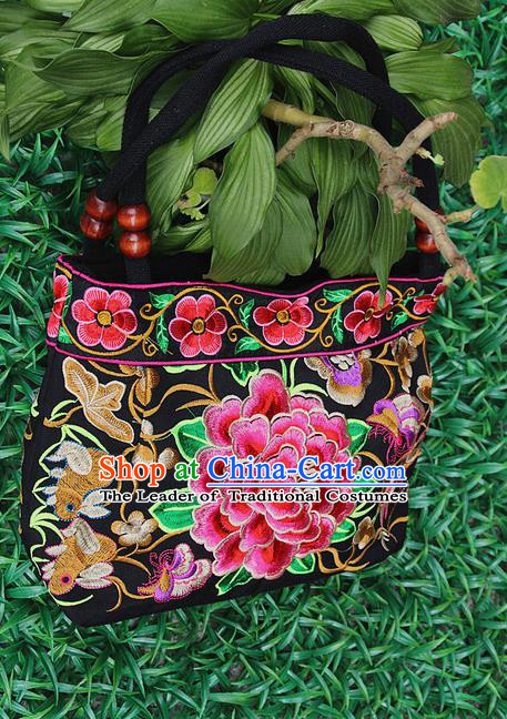 Traditional Chinese Miao Nationality Palace Handmade Double-Sided Embroidery Peony Handbag Hmong Handmade Embroidery Canvas Single Shoulder Bags for Women