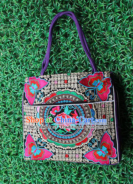 Traditional Chinese Miao Nationality Palace Handmade Single-Sided Embroidery Peony Butterfly Handbag Hmong Handmade Embroidery Canvas Single Shoulder Bags for Women