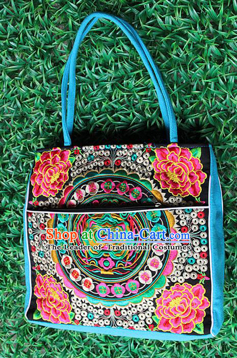 Traditional Chinese Miao Nationality Palace Handmade Single-Sided Embroidery Peony Handbag Hmong Handmade Embroidery Canvas Single Shoulder Bags for Women