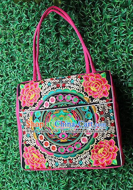 Traditional Chinese Miao Nationality Palace Handmade Single-Sided Embroidery Peony Handbag Hmong Handmade Embroidery Canvas Single Shoulder Bags for Women