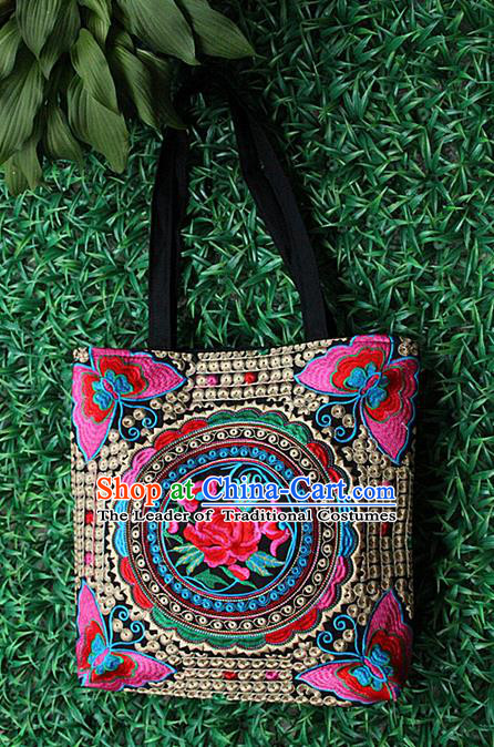 Traditional Chinese Miao Nationality Palace Handmade Single-Sided Embroidery Peony Handbag Hmong Handmade Embroidery Canvas Bags for Women