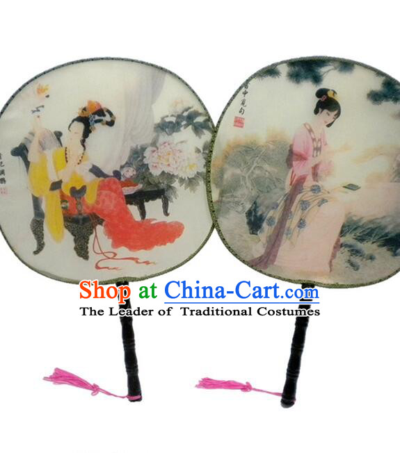 Ancient Chinese Tuan Shan Circular Fan Moon Shaped Fan Stage Property Dance Chinese Painting Ancient Beauty