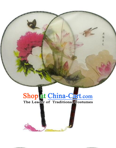 Ancient Chinese Tuan Shan Circular Fan Moon Shaped Fan Stage Property Dance Chinese Painting Flowers