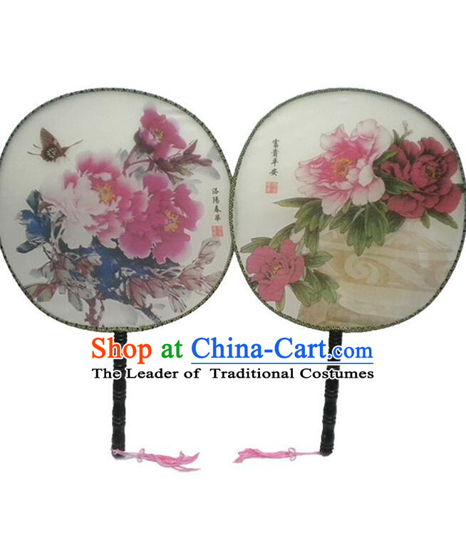 Ancient Chinese Tuan Shan Circular Fan Moon Shaped Fan Stage Property Dance Chinese Painting Flowers