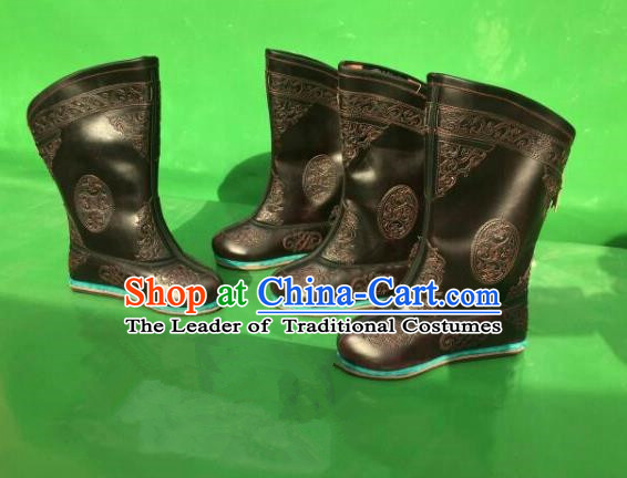 Traditional Chinese Minority Mongol Nationality Ethnic Minorities Mongolian Dance Cowhide Boots, Mongolian Knee Boots Handmade Jockey Boots Tanks Boots for Men