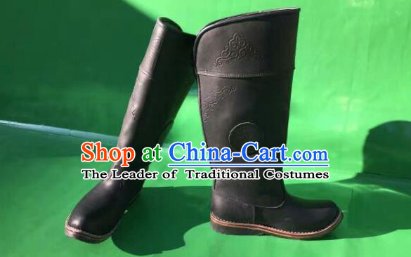 Traditional Chinese Minority Mongol Nationality Ethnic Minorities Mongolian Dance Cowhide Boots, Mongolian Knee Boots Handmade Jockey Boots Tanks Boots for Men