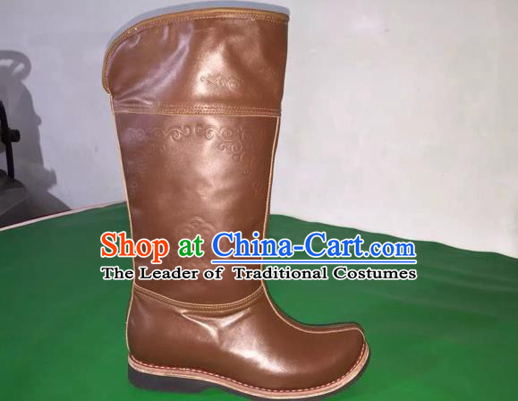 Traditional Chinese Minority Mongol Nationality Ethnic Minorities Mongolian Dance Cowhide Boots, Mongolian Knee Boots Handmade Jockey Boots Tanks Boots for Men