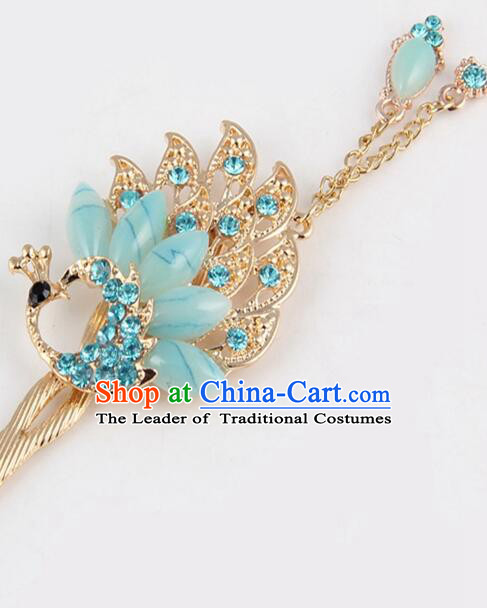 Korean Traditional Style Hairpins Bride Head Wear Up Do Tassels Bu Yao Peacock Spreading Tail Feathers Hair Clasp Blue