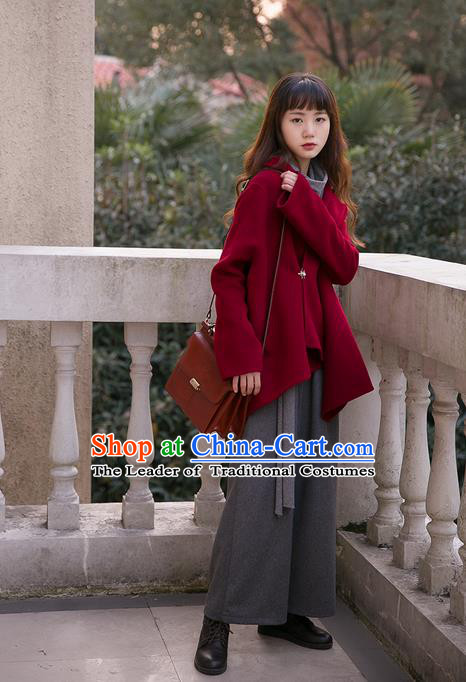 Traditional Classic Women Clothing, Traditional Classic Red Pure Woolen Tweed Jacket Wool Coats