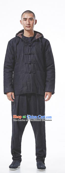 Chinese Hooded Cotton Linen Double-Breasted Tang Suit Plate Buttons Costumes, Chinese Style Ancient Thick Cotton-Padded Jacket Hanfu Male Winter Coat