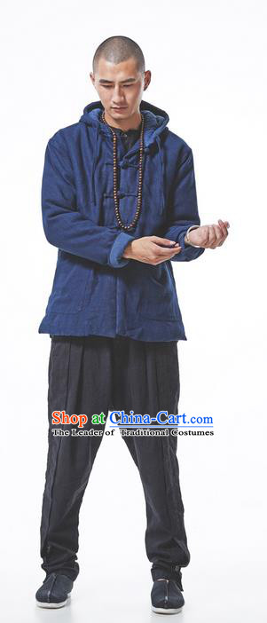 Chinese Hooded Cotton Linen Double-Breasted Tang Suit Plate Buttons Costumes, Chinese Style Ancient Thick Cotton-Padded Jacket Hanfu Male Winter Coat