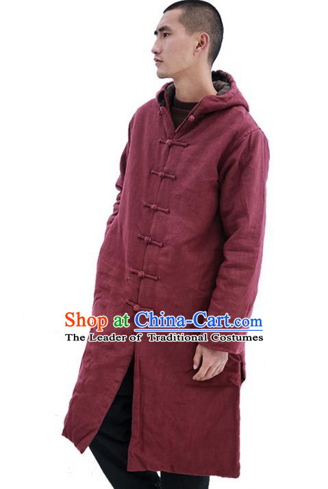 Chinese Hooded Cotton Linen Double-Breasted Tang Suit Plate Buttons Costumes, Chinese Style Ancient Thick Cotton Wadded Robe Hanfu Male Winter Long Coat