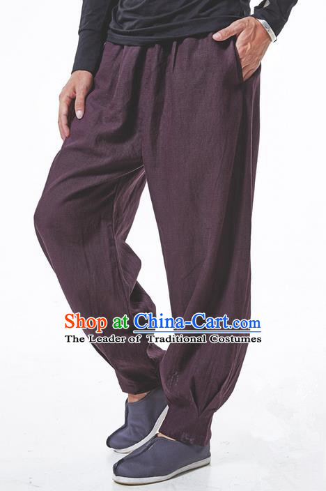 Traditional Chinese Linen Tang Suit Trousers, Chinese Ancient Costumes Elastic Practise Leg Pants Lay Pants Zen Pants