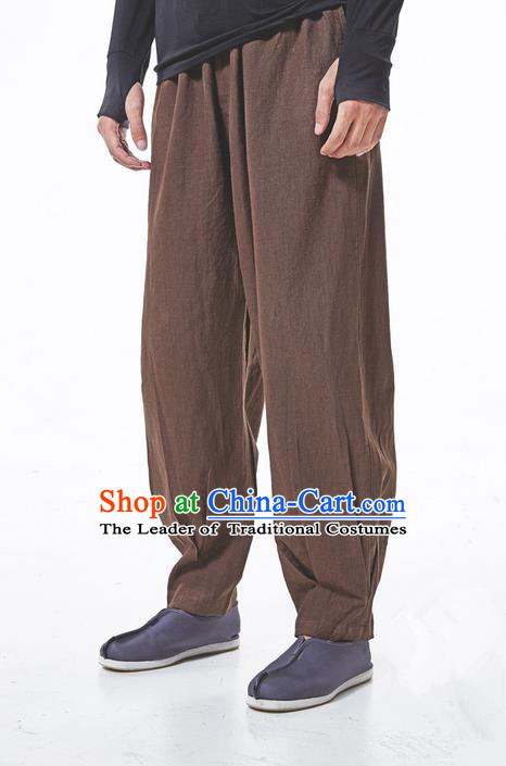 Traditional Chinese Linen Tang Suit Trousers, Chinese Ancient Costumes Elastic Practise Leg Pants Lay Pants Zen Pants