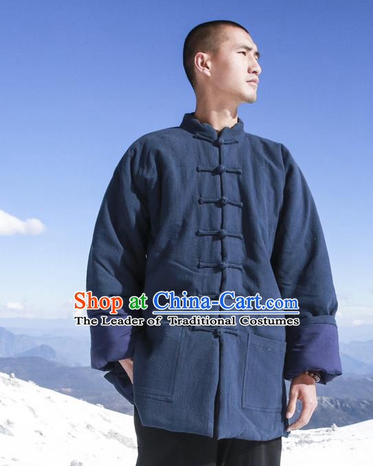 Chinese Hooded Cotton Linen Double-Breasted Tang Suit Plate Buttons Costumes, Chinese Style Ancient Thick Cotton Wadded Overcoat Hanfu Winter Coat for Men