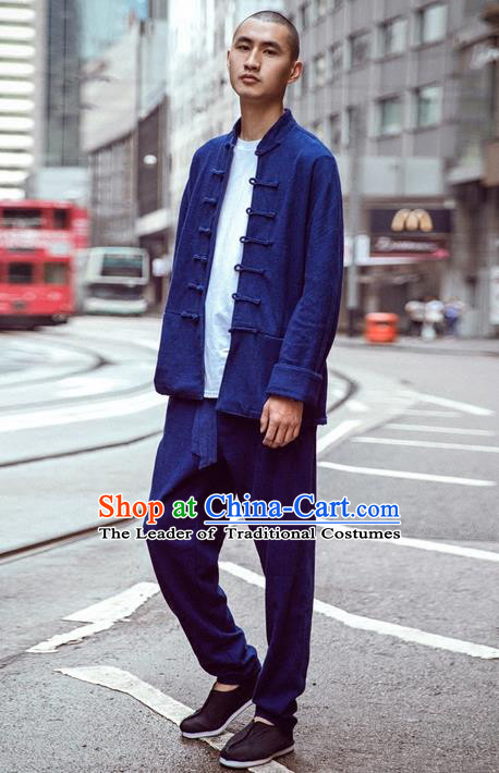 Traditional Chinese Linen Tang Suit Men Long Sleeve Overcoat, Chinese Ancient Costumes Linen Short Coat for Men