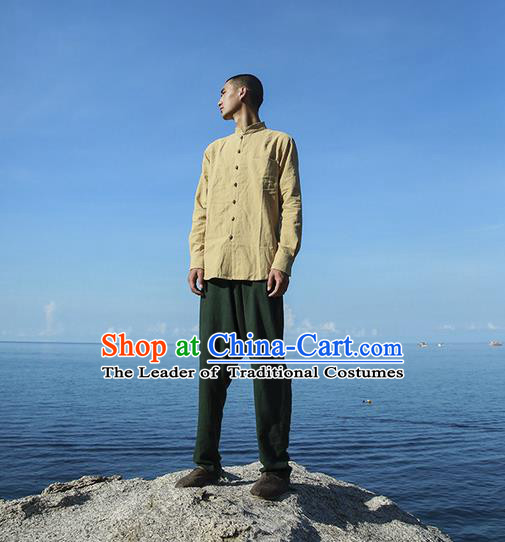 Traditional Chinese Linen Tang Suit Men Costumes, Chinese Ancient Tunic Suit Long Sleeved Shirt Plate Buttons Shirt for Men