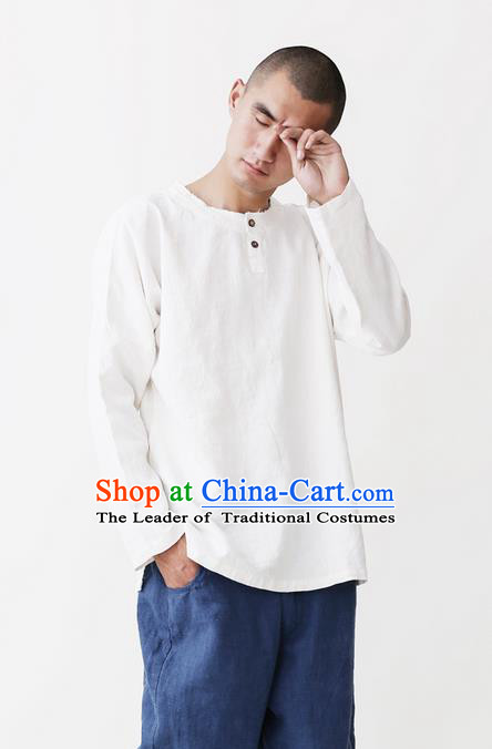 Traditional Chinese Linen Tang Suit Men Costumes Blouse, Chinese Ancient Tunic Suit Long Sleeved Shirt for Men