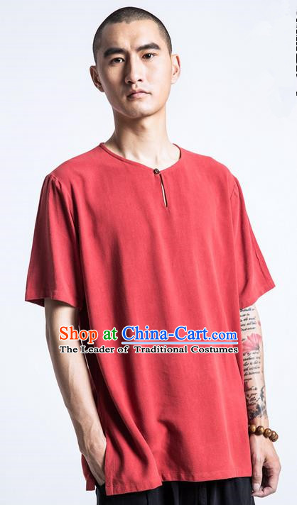 Traditional Chinese Linen Tang Suit Men Costumes, Chinese Ancient Coconut Buttons Short Sleeved T-Shirt Costume for Men