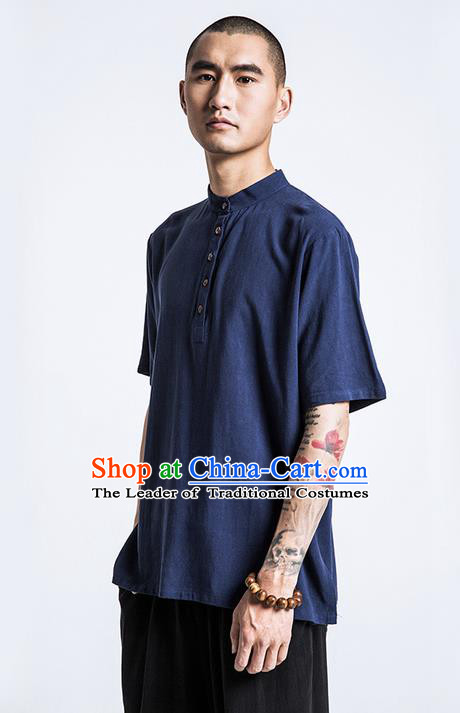 Traditional Chinese Linen Tang Suit Men Costumes, Chinese Ancient Coconut Buttons Short Sleeved T-Shirt Costume for Men