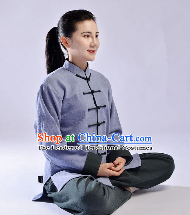 Traditional Chinese Top Thicken Linen Kung Fu Costume Martial Arts Kung Fu Training Uniform Tang Suit Gongfu Shaolin Wushu Clothing Tai Chi Taiji Teacher Suits Uniforms for Women