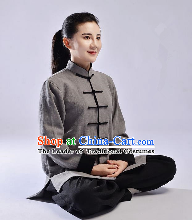 Traditional Chinese Top Thicken Linen Kung Fu Costume Martial Arts Kung Fu Training Uniform Tang Suit Gongfu Shaolin Wushu Clothing Tai Chi Taiji Teacher Suits Uniforms for Women