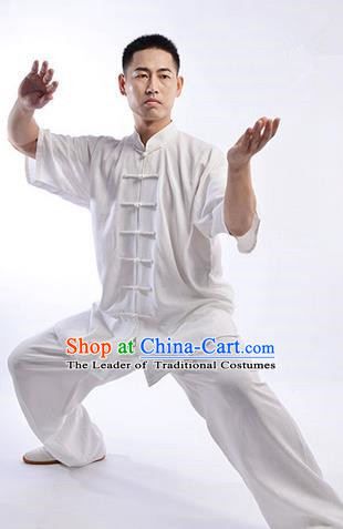 Traditional Chinese Top Linen Short Sleeve Kung Fu Costume Martial Arts Kung Fu Training Uniform Gongfu Shaolin Wushu Clothing Tai Chi Taiji Teacher Suits Uniforms for Men