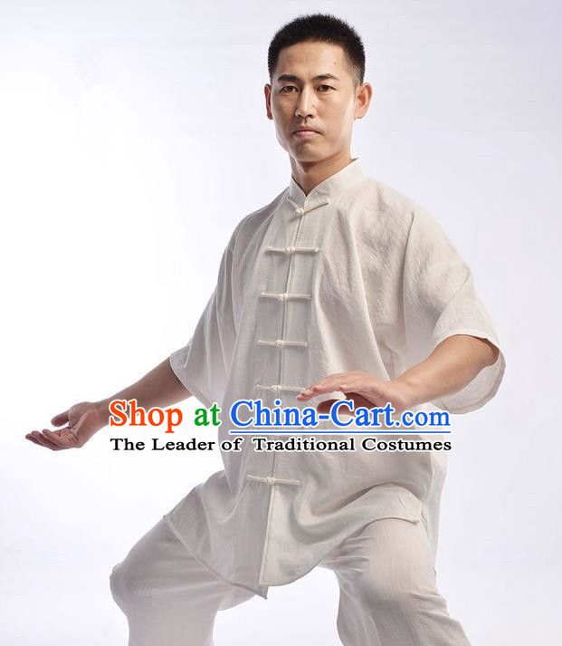 Traditional Chinese Top Linen Short Sleeve Kung Fu Costume Martial Arts Kung Fu Training Uniform Tang Suit Gongfu Shaolin Wushu Clothing Tai Chi Taiji Teacher Suits Uniforms for Men