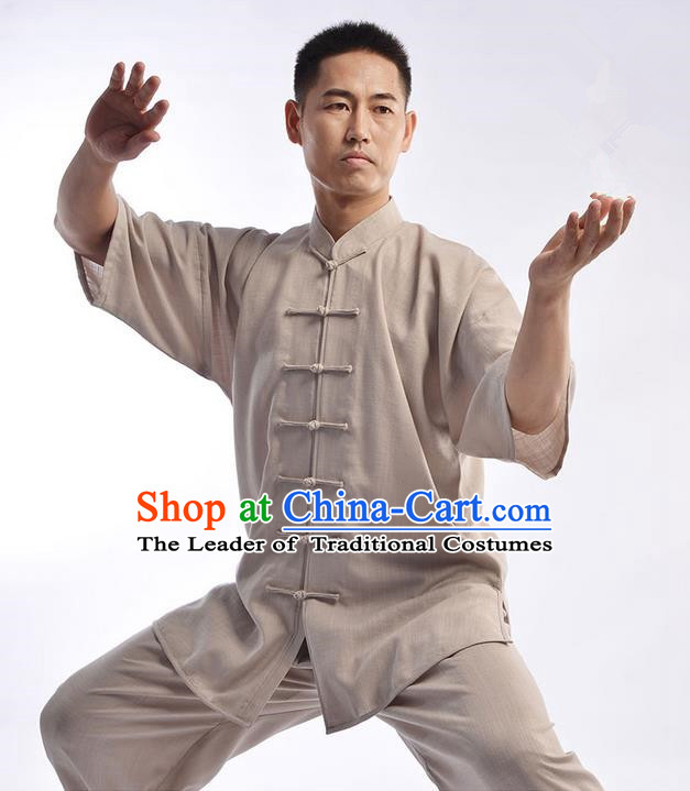 Traditional Chinese Top Linen Short Sleeve Kung Fu Costume Martial Arts Kung Fu Training Uniform Tang Suit Gongfu Shaolin Wushu Clothing Tai Chi Taiji Teacher Suits Uniforms for Men