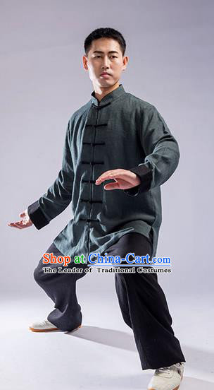 Traditional Chinese Top Thicken Linen Kung Fu Costume Martial Arts Kung Fu Training Uniform Tang Suit Gongfu Shaolin Wushu Clothing Tai Chi Taiji Teacher Suits Uniforms for Men