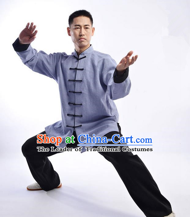 Traditional Chinese Top Thicken Linen Kung Fu Costume Martial Arts Kung Fu Training Uniform Tang Suit Gongfu Shaolin Wushu Clothing Tai Chi Taiji Teacher Suits Uniforms for Men