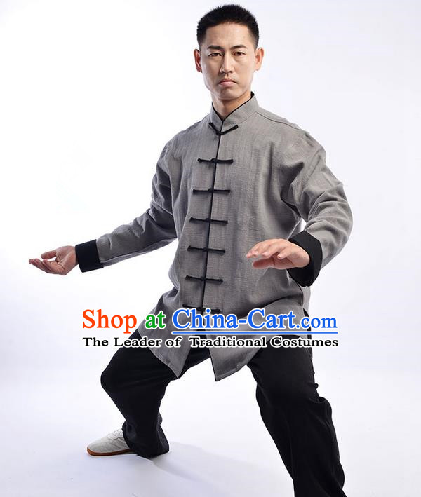 Traditional Chinese Top Thicken Linen Kung Fu Costume Martial Arts Kung Fu Training Uniform Tang Suit Gongfu Shaolin Wushu Clothing Tai Chi Taiji Teacher Suits Uniforms for Men