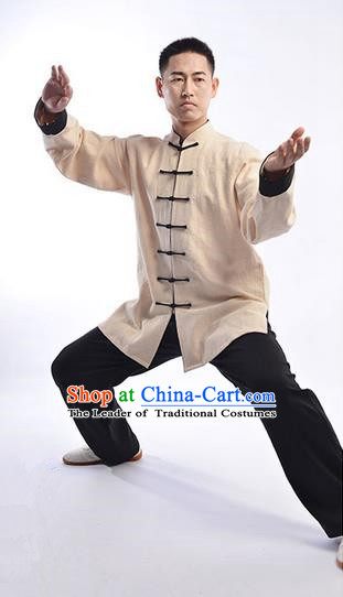 Traditional Chinese Top Thicken Linen Kung Fu Costume Martial Arts Kung Fu Training Uniform Tang Suit Gongfu Shaolin Wushu Clothing Tai Chi Taiji Teacher Suits Uniforms for Men