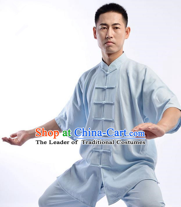 Traditional Chinese Top Linen Short Sleeve Kung Fu Costume Martial Arts Kung Fu Training Uniform Gongfu Shaolin Wushu Clothing Tai Chi Taiji Teacher Suits Uniforms for Men